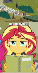 Size: 600x1139 | Tagged: safe, edit, edited screencap, screencap, king sombra, sunset shimmer, equestria girls, g4, my little pony equestria girls: better together, the beginning of the end, the finals countdown, caption, image macro, memeful.com, sunset shimmer is not amused, text, unamused