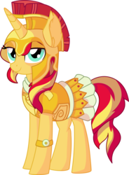 Size: 5567x7552 | Tagged: safe, artist:cyanlightning, sunset shimmer, pony, unicorn, g4, scare master, absurd resolution, armor, armor skirt, athena, clothes, costume, female, galea, looking at you, mare, nightmare night, nightmare night costume, simple background, skirt, smiling, smug, smugset shimmer, solo, transparent background, vector