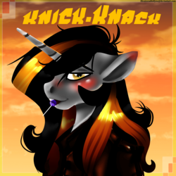 Size: 1920x1920 | Tagged: safe, artist:brainiac, oc, oc only, oc:knick knack, pony, fallout equestria, blushing, candy, clothes, floppy ears, food, gift art, jacket, leather jacket, lollipop, solo, text