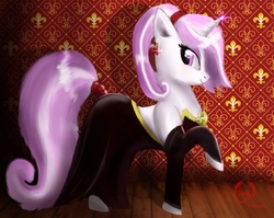 Size: 2316x1839 | Tagged: safe, artist:greenbrothersart, fleur-de-lis, pony, g4, black dress, clothes, dress, ear piercing, earring, female, jewelry, piercing, ponytail, profile, raised hoof, signature, smiling, solo, tail wrap, teenager, younger