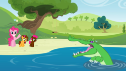 Size: 1920x1080 | Tagged: safe, artist:swiftgaiathebrony, gummy, pinkie pie, alligator, earth pony, pony, reptile, g4, base used, female, lake, male, offspring, older gummy, parent:cheese sandwich, parent:pinkie pie, parents:cheesepie, waving