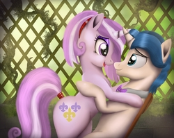 Size: 2954x2348 | Tagged: safe, artist:greenbrothersart, fancypants, fleur-de-lis, pony, unicorn, g4, bipedal, chair, crossed horns, female, hairband, high res, holding each other, horn, horns are touching, looking at each other, male, mare, ship:fancyfleur, shipping, smiling, stallion, straight, tail wrap, teenager, younger
