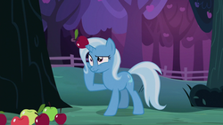 Size: 1280x720 | Tagged: safe, screencap, trixie, pony, g4, uncommon bond, apple, female, food, horn, horn impalement, solo, wavy mouth
