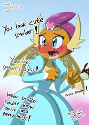 Size: 2480x3508 | Tagged: safe, artist:jeglegator, smolder, dragon, season 9, uprooted, blatant lies, blushing, clothes, cup, cute, denial's not just a river in egypt, dialogue, dragoness, dress, embarrassed, female, i'm not cute, implied student six, jewelry, offscreen character, open mouth, princess smolder, smolderbetes, smoldere, solo, teacup, tiara, tsundere