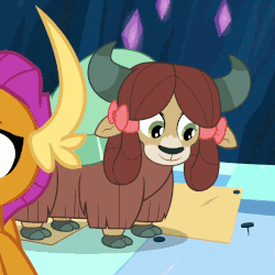 Size: 1019x1019 | Tagged: safe, screencap, smolder, yona, dragon, yak, g4, uprooted, animated, bow, circling stars, cloven hooves, cute, dragoness, female, gif, hair bow, knocked silly, monkey swings, solo focus, the place where we belong, yonadorable