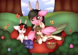 Size: 3000x2126 | Tagged: safe, artist:adostume, oc, oc:adostume, oc:heinrich hirsch, oc:ida hirsch, butterfly, pegasus, pony, unicorn, basket, broken horn, bunny ears, bush, colored wings, colt, cute, easter, easter basket, easter egg, egg, female, filly, green eyes, heterochromia, high res, holiday, horn, male, mare, mother, mother and son, present, teddy bear, tongue out, wings