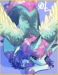 Size: 1280x1656 | Tagged: safe, artist:alts-art, oc, oc only, oc:nebula, alicorn, pony, alicorn oc, blank flank, body freckles, body markings, cloven hooves, coat markings, colored hooves, colored sketch, colored wings, curved horn, ear fluff, ethereal mane, face down ass up, female, freckles, hoof polish, horn, magic, mare, messy mane, messy tail, purple background, signature, simple background, solo, spread wings, starry mane, watercolor painting, wing fluff, wing freckles, wings