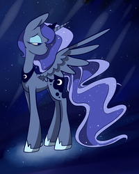 Size: 2000x2500 | Tagged: safe, alternate version, artist:katyusha, princess luna, alicorn, pony, g4, ethereal mane, female, high res, hoof shoes, jewelry, light shading, looking back, mare, night, regalia, solo, spread wings, starry mane, stars, wings