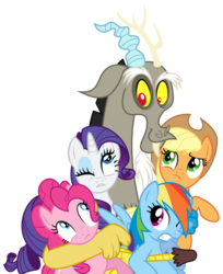 Size: 7326x9000 | Tagged: safe, artist:korsoo, applejack, discord, pinkie pie, rainbow dash, rarity, draconequus, earth pony, pegasus, pony, unicorn, g4, .svg available, female, frown, group hug, hug, male, mare, one eye closed, simple background, smiling, transparent background, vector, wide eyes