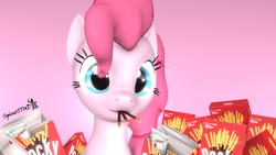 Size: 1920x1080 | Tagged: safe, artist:spinostud, pinkie pie, pony, g4, 3d, female, food, looking at you, mare, pocky, solo, source filmmaker