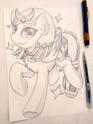 Size: 1536x2048 | Tagged: safe, artist:canvymamamoo, somnambula, pegasus, pony, g4, chest fluff, female, lineart, mare, monochrome, smiling, solo, traditional art