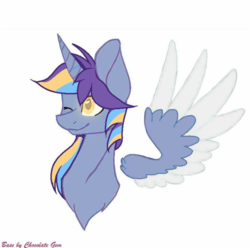 Size: 800x795 | Tagged: safe, anonymous artist, oc, oc only, oc:twinkle starstone, alicorn, pony, alicorn oc, bust, colored pupils, glowing eyes, horn, one eye closed, signature, smiling, spread wings, two toned wings, wings, wink