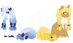 Size: 1023x597 | Tagged: safe, artist:azure-art-wave, oc, oc:nacre shell, oc:sunflower silk, pony, unicorn, deviantart watermark, female, mare, obtrusive watermark, offspring, parent:coco pommel, parent:trenderhoof, parents:trenderpommel, simple background, transparent background, watermark