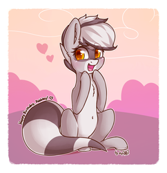 Size: 1936x2000 | Tagged: safe, artist:dsp2003, oc, oc only, oc:bandy cyoot, earth pony, pony, raccoon pony, abstract background, birthday gift art, blushing, cute, cute little fangs, fangs, female, heart, mare, open mouth, pale belly, signature, sitting