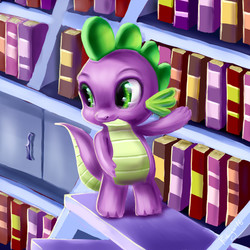 Size: 900x900 | Tagged: safe, artist:rubigo, spike, dragon, g4, ladder, library, male, solo, twilight's canterlot home