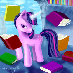 Size: 900x900 | Tagged: safe, artist:rubigo, twilight sparkle, pony, unicorn, friendship is magic, g4, book, canterlot, female, glowing horn, horn, library, lidded eyes, magic, mare, solo, telekinesis, twilight's canterlot home, unicorn twilight