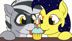 Size: 1280x720 | Tagged: safe, artist:mkogwheel, oc, oc:bandy cyoot, oc:mixi creamstar, animated, cupcake, female, food, frame by frame, happy birthday, mare, mlem, silly, table, tongue out