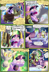 Size: 2160x3168 | Tagged: safe, artist:billblok, artist:firefanatic, discord, fluttershy, rarity, twilight sparkle, alicorn, pony, comic:friendship management, g4, angry, asgore dreemurr, bed, coiling, coils, comic, crossover, cup, dialogue, high res, teacup, twilight sparkle (alicorn), undertale, what is hoo-man, yelling