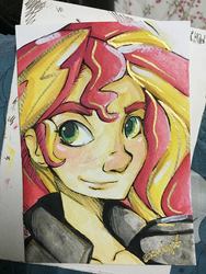 Size: 720x960 | Tagged: safe, sunset shimmer, equestria girls, g4, bust, cute, female, portrait, smiling, solo, sunset, traditional art, tumblr nose, watercolor painting