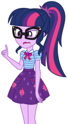 Size: 1547x2819 | Tagged: safe, artist:sketchmcreations, sci-twi, twilight sparkle, equestria girls, g4, schedule swap, spoiler:eqg series (season 2), clothes, confused, cutie mark on clothes, female, geode of telekinesis, legs together, magical geodes, open mouth, raised hand, sci-twi skirt, simple background, skirt, solo, transparent background, vector
