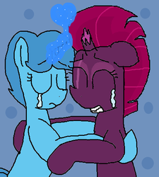 Size: 860x954 | Tagged: safe, artist:徐詩珮, fizzlepop berrytwist, spring rain, tempest shadow, pony, unicorn, g4, my little pony: the movie, blue background, broken horn, crying, eyes closed, female, horn, hug, lesbian, magic, mare, nuzzling, ship:springshadow, shipping, simple background
