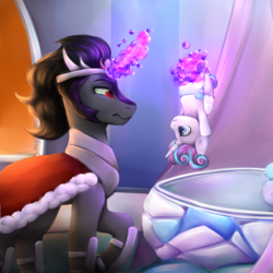 Size: 2000x2000 | Tagged: safe, artist:nutellaakanutella, king sombra, princess flurry heart, alicorn, pony, unicorn, g4, the beginning of the end, baby, baby alicorn, baby flurry heart, baby pony, diaper, female, high res, looking at each other, magic, male, stallion, upside down