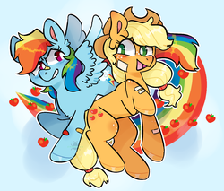Size: 1102x940 | Tagged: safe, artist:incubugs, artist:mega-bugsly, applejack, rainbow dash, earth pony, pegasus, pony, g4, apple, bandaid, bandaid on nose, blue background, food, happy, looking at each other, rainbow, simple background, smiling, white pupils, wings