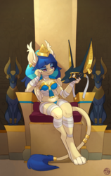 Size: 1353x2144 | Tagged: safe, artist:kez, oc, oc only, oc:shesta, hybrid, sphinx, anthro, digitigrade anthro, anthro oc, anubis, armpits, bandage, breasts, cat paws, ceremonial makeup, clothes, commission, egypt, egyptian, egyptian pony, eye of horus, feather, female, gold, hat, jewelry, leonine tail, mask, midriff, mummification, mummy, nemes headdress, piercing, ring, sphinx oc, throne, throne slouch, underwear, wings, wrapping