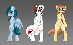 Size: 1680x1050 | Tagged: safe, artist:queen-razlad, oc, oc only, oc:cream heart, oc:delta vee, oc:razlad, devil, earth pony, pegasus, pony, semi-anthro, belly, belly button, bipedal, butt, featureless crotch, female, helix horn, horn, mare, milf, plot, simple background, standing upright, thighs, trio, trio female