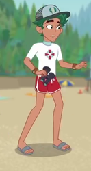 Size: 242x455 | Tagged: safe, screencap, timber spruce, equestria girls, g4, my little pony equestria girls: better together, unsolved selfie mysteries, cap, clothes, cropped, feet, hat, legs, lifeguard, lifeguard timber, male, male feet, sandals, shorts, solo