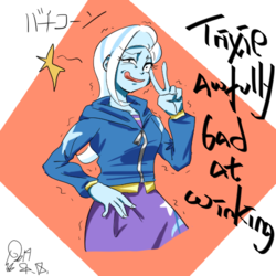 Size: 500x500 | Tagged: safe, artist:sozglitch, trixie, equestria girls, g4, fail, female, peace sign, solo, tongue out, trembling, wink