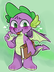 Size: 751x1005 | Tagged: safe, artist:incubugs, artist:mega-bugsly, spike, dragon, g4, baby, baby dragon, blushing, book, claws, cute, fangs, forked tongue, green background, green eyes, heart, looking at you, male, simple background, smiling, solo, spikabetes, winged spike, wings