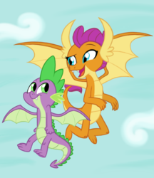Size: 720x834 | Tagged: safe, artist:hellengomes15, smolder, spike, dragon, g4, cloud, cute, dragoness, female, flying, male, ship:spolder, shipping, sky, smolderbetes, spikabetes, straight, winged spike, wings