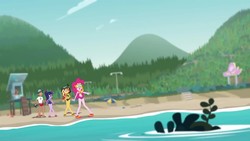 Size: 1280x720 | Tagged: safe, screencap, pinkie pie, sci-twi, sunset shimmer, timber spruce, twilight sparkle, equestria girls, g4, my little pony equestria girls: better together, unsolved selfie mysteries, beach, beach shorts swimsuit, clothes, feet, female, legs, lifeguard, lifeguard timber, male, one-piece swimsuit, sunset shimmer's beach shorts swimsuit, swimsuit, water