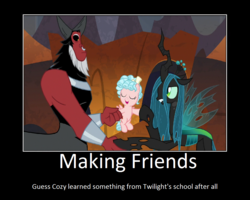 Size: 1075x860 | Tagged: safe, artist:thejboy88, edit, edited screencap, screencap, cozy glow, lord tirek, queen chrysalis, changeling, changeling queen, pegasus, pony, g4, the beginning of the end, belly, female, filly, motivational poster, text