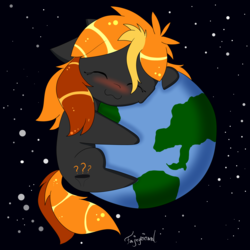 Size: 3000x3000 | Tagged: safe, artist:fajnyziomal, oc, oc only, oc:black hole, black hole pony, earth pony, pony, :3, black hole, blushing, cheek fluff, cute, earth, eyes closed, female, floppy ears, hug, mare, messier 87, planet ponies, ponified, pony bigger than a planet, smiling, solo, space, stars, this will end in death