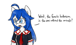 Size: 2374x1417 | Tagged: safe, artist:spheedc, oc, oc only, oc:light chaser, earth pony, semi-anthro, bipedal, blue eyes, blue hair, clothes, digital art, female, mare, school uniform, simple background, solo, speech bubble, white background