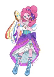 Size: 846x1200 | Tagged: safe, alternate version, artist:puri__kyua, pinkie pie, friendship is witchcraft, equestria girls, g4, anime, boots, clothes, cute, diapinkes, disney, dress, esmeralda (the hunchback of notre dame), female, gypsy pie, looking at you, musical instrument, pink background, ribbon, shoes, simple background, skirt, solo, tambourine