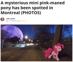 Size: 594x503 | Tagged: safe, artist:tardifice, edit, pinkie pie, earth pony, pony, g4, biosphere (montréal), irl, lamp, montreal, photo, ponies in real life, sauvons le mini-cheval, solo, tree