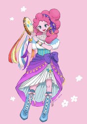 Size: 846x1200 | Tagged: safe, artist:puri__kyua, pinkie pie, friendship is witchcraft, equestria girls, g4, anime, beautiful, boots, clothes, cute, diapinkes, disney, esmeralda (the hunchback of notre dame), female, gypsy pie, looking at you, musical instrument, pink background, ribbon, shoes, simple background, skirt, solo, tambourine
