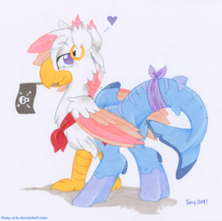 Size: 1204x1200 | Tagged: safe, artist:foxxy-arts, oc, oc only, oc:foxxy hooves, hippogriff, hybrid, shark, bandana, beak hold, colored wings, cute, ear piercing, earring, female, folded wings, heart, jewelry, looking at you, looking back, looking back at you, piercing, pirate, rear view, shark tail, signature, solo, traditional art, wings