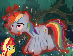 Size: 628x478 | Tagged: safe, screencap, rainbow dash, sunset shimmer, pony, unicorn, equestria girls, equestria girls specials, g4, my little pony equestria girls: better together, my little pony equestria girls: spring breakdown, equestria girls ponified, female, glowing horn, horn, human pony dash, levitation, magic, mare, ponified, telekinesis, wings down