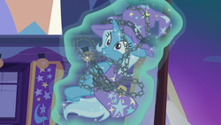 Size: 1280x720 | Tagged: safe, screencap, trixie, pony, g4, uncommon bond, chains, female, implied starlight glimmer, levitation, magic, mare, offscreen character, out of context, solo, telekinesis