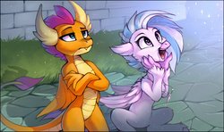 Size: 1616x954 | Tagged: safe, artist:ramiras, silverstream, smolder, classical hippogriff, dragon, hippogriff, g4, season 9, uprooted, belly, blue eyes, crossed arms, cute, diastreamies, dragon horns, dragoness, duo, excited, fangs, female, folded wings, happy, horns, jewelry, looking up, open mouth, pendant, smolderbetes, sparkles, unamused, unimpressed, varying degrees of want, wings