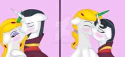 Size: 1280x587 | Tagged: safe, artist:bea-drowned, chancellor neighsay, oc, oc:ms. bea, pony, unicorn, g4, canon x oc, chancellor whinnysnort, female, kissing, male, neighbea, rule 63, shipping, straight