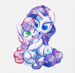 Size: 1614x1583 | Tagged: safe, artist:dawnfire, rarity, sweetie belle, pony, unicorn, g4, blank flank, colored pupils, copic, cute, diasweetes, female, filly, mare, marker drawing, one eye closed, open mouth, raribetes, sibling love, siblings, sisterly love, sisters, traditional art