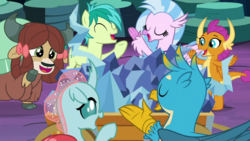 Size: 1920x1080 | Tagged: safe, screencap, gallus, ocellus, sandbar, silverstream, smolder, yona, changedling, changeling, classical hippogriff, dragon, earth pony, griffon, hippogriff, pony, yak, g4, uprooted, bow, cloven hooves, colored hooves, cute, diaocelles, diastreamies, dragoness, eyes closed, female, gallabetes, hair bow, jewelry, male, monkey swings, necklace, sandabetes, singing, smolderbetes, student six, teenager, the place where we belong, yonadorable