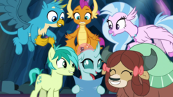 Size: 1920x1080 | Tagged: safe, screencap, gallus, ocellus, sandbar, silverstream, smolder, yona, dragon, earth pony, griffon, hippogriff, pony, yak, g4, uprooted, cute, diaocelles, diastreamies, dragoness, female, gallabetes, male, paws, sandabetes, smolderbetes, student six, the place where we belong, wings, yonadorable
