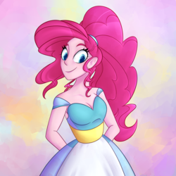 Size: 3000x3000 | Tagged: safe, artist:puddingskinmcgee, pinkie pie, equestria girls, g4, alternate hairstyle, breasts, cleavage, cute, diapinkes, female, hands behind back, high res, ponytail, smiling, solo