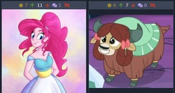 Size: 486x259 | Tagged: artist needed, safe, pinkie pie, yona, yak, derpibooru, equestria girls, g4, bow, cloven hooves, female, hair bow, juxtaposition, juxtaposition bait, meta, monkey swings